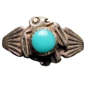 Cool Native American Turquoise Crow Sterling Silver Pinky Ring